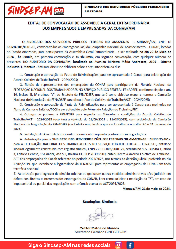 EDITAL DE CONVOCAÇÃO DE ASSEMBLEIA GERAL EXTRAORDINÁRIADOS EMPREGADOS E EMPREGADAS DA CONAB/AM